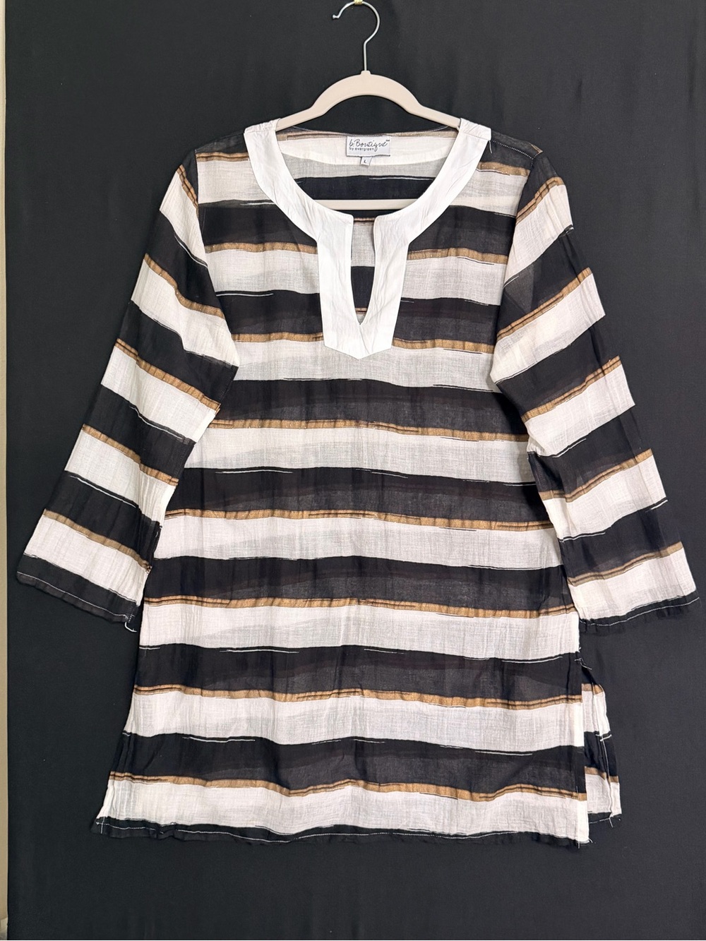 Evergreen Black + White Striped Tunic cover with Gold Accents Cotton Sheer Beach
